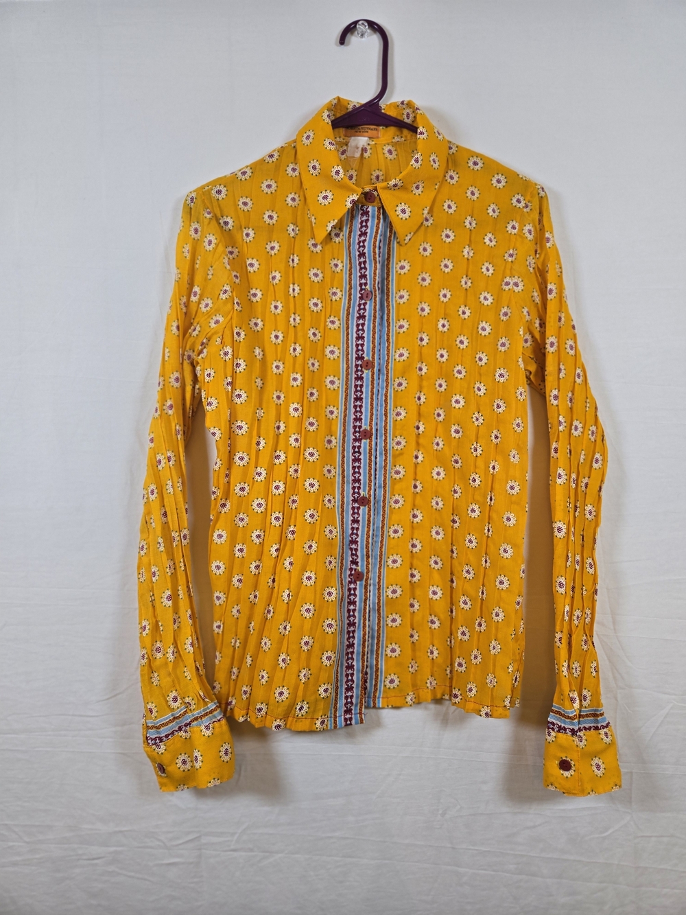Women's Yellow Floral Button-Down Shirt with Contrast Placket